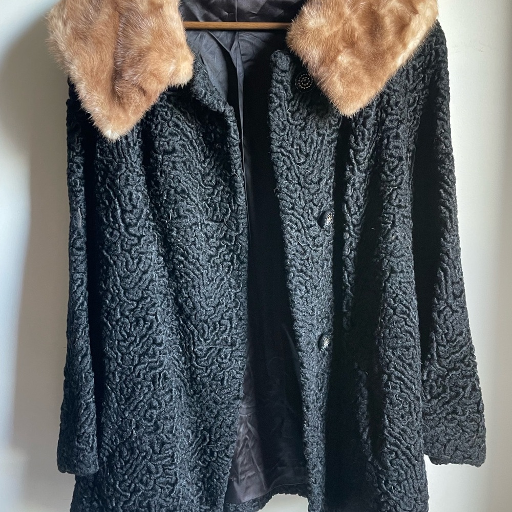 Black Pea Coat with Plush Fur Collar